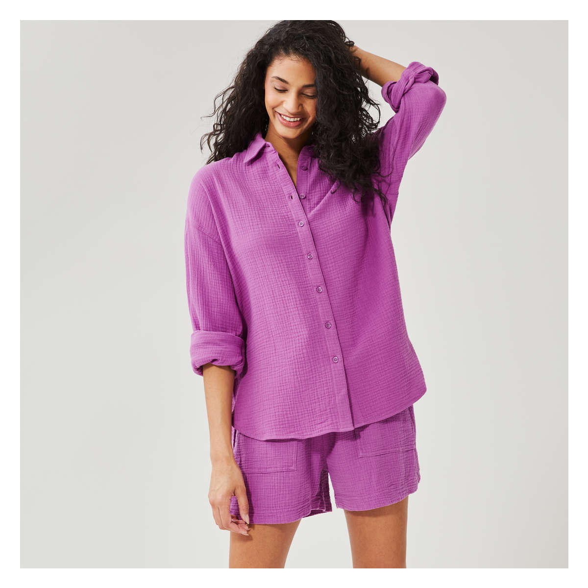 Oversized Cotton Gauze Shirt in Bright Purple from Joe Fresh